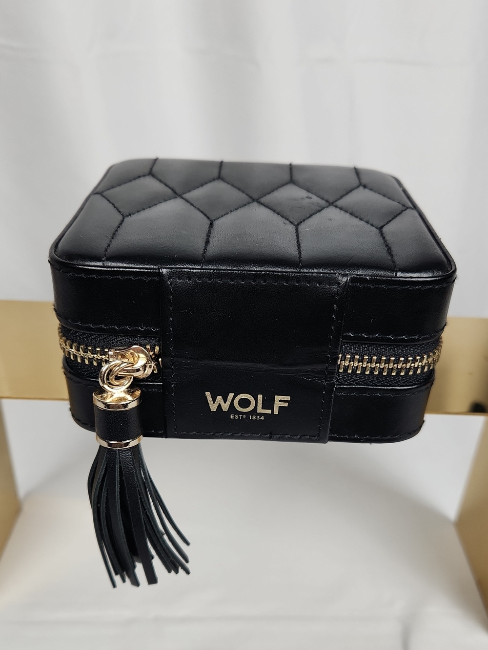 WOLF Black Quilted Jewelry Travel Case with Gold Hardware and Tassel